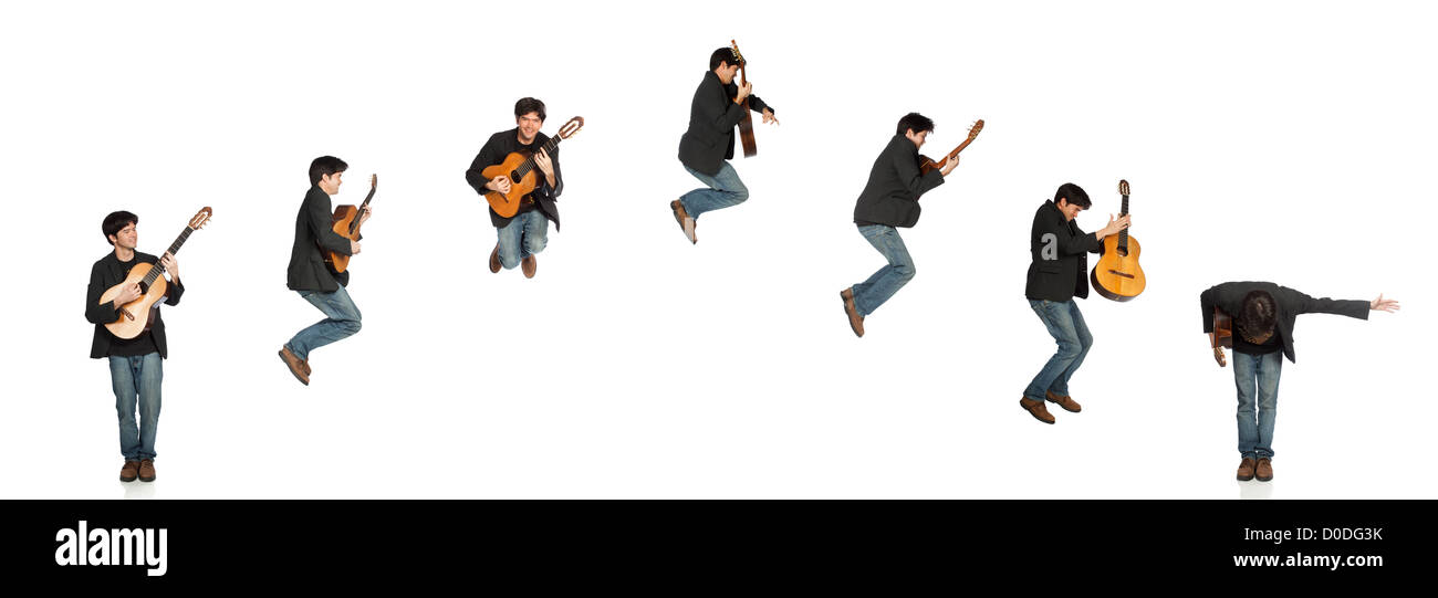 Isolated Guitar Player Jumping then Bowing Sequence (arch) Stock Photo