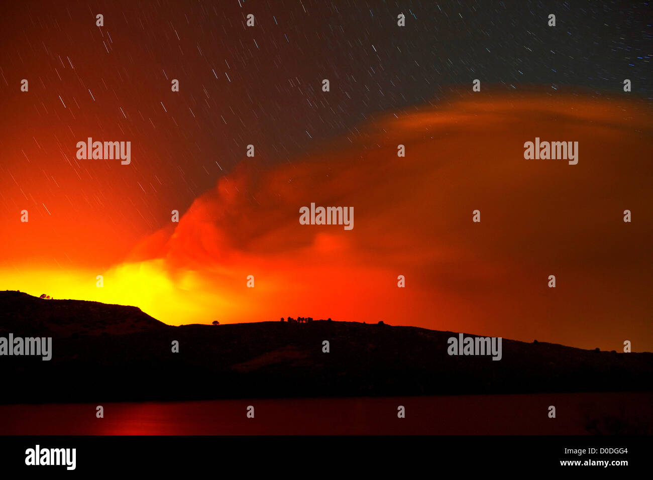 Night view of raging mountain wildfire, Colorado, USA Stock Photo