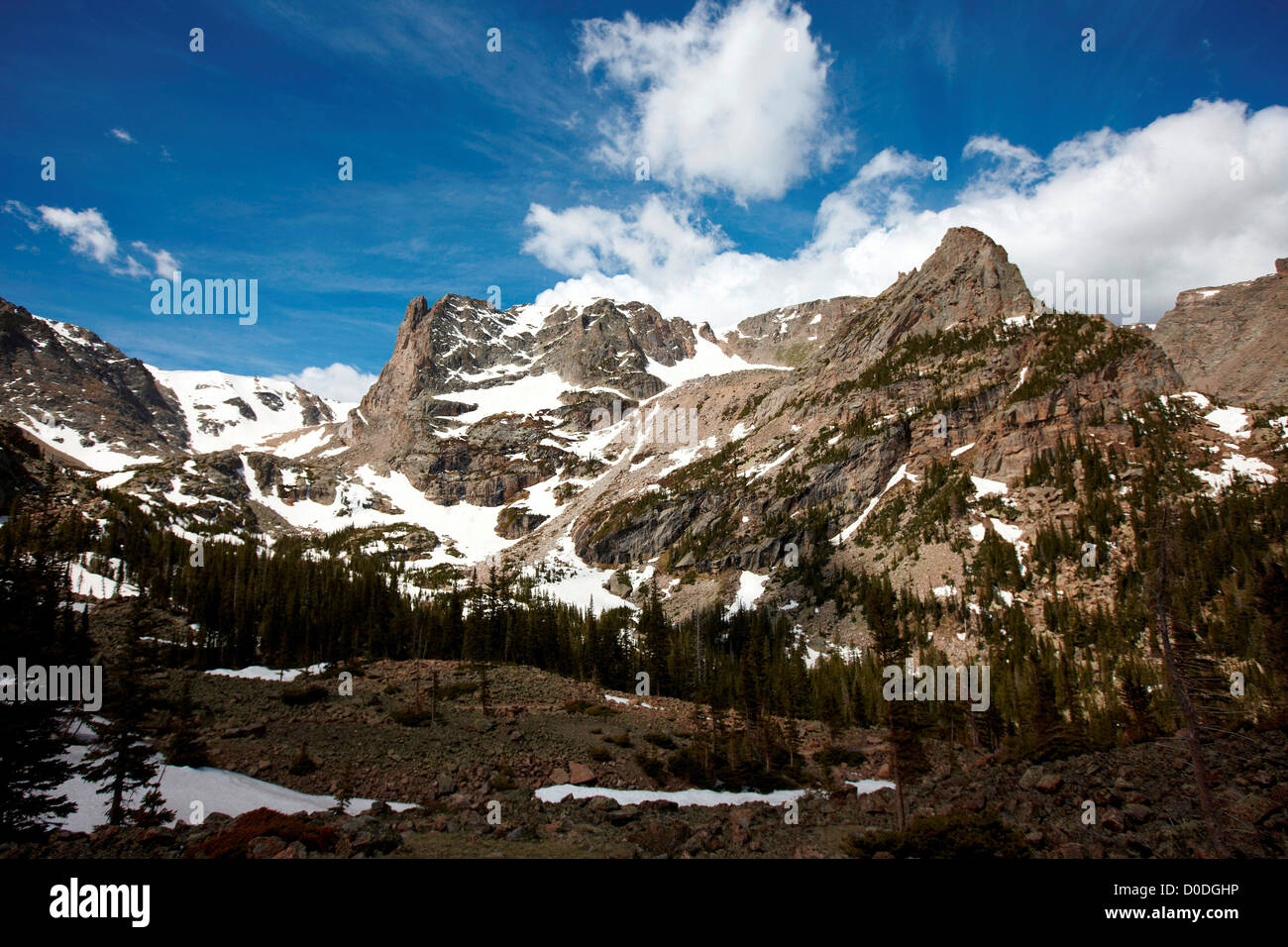 Notchtop Mountain (center-left of frame, and Little Matterhorn Peak), Rocky Mountain National Park, Colorado, USA Stock Photo