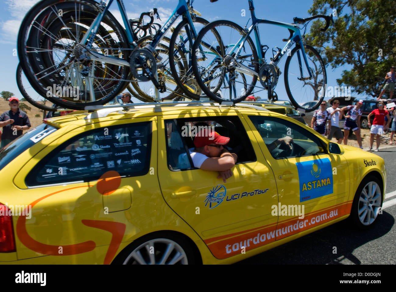 Team Astana support vehicle during the 2009 tour down under, Lance Armstrongs comeback team Stock Photo