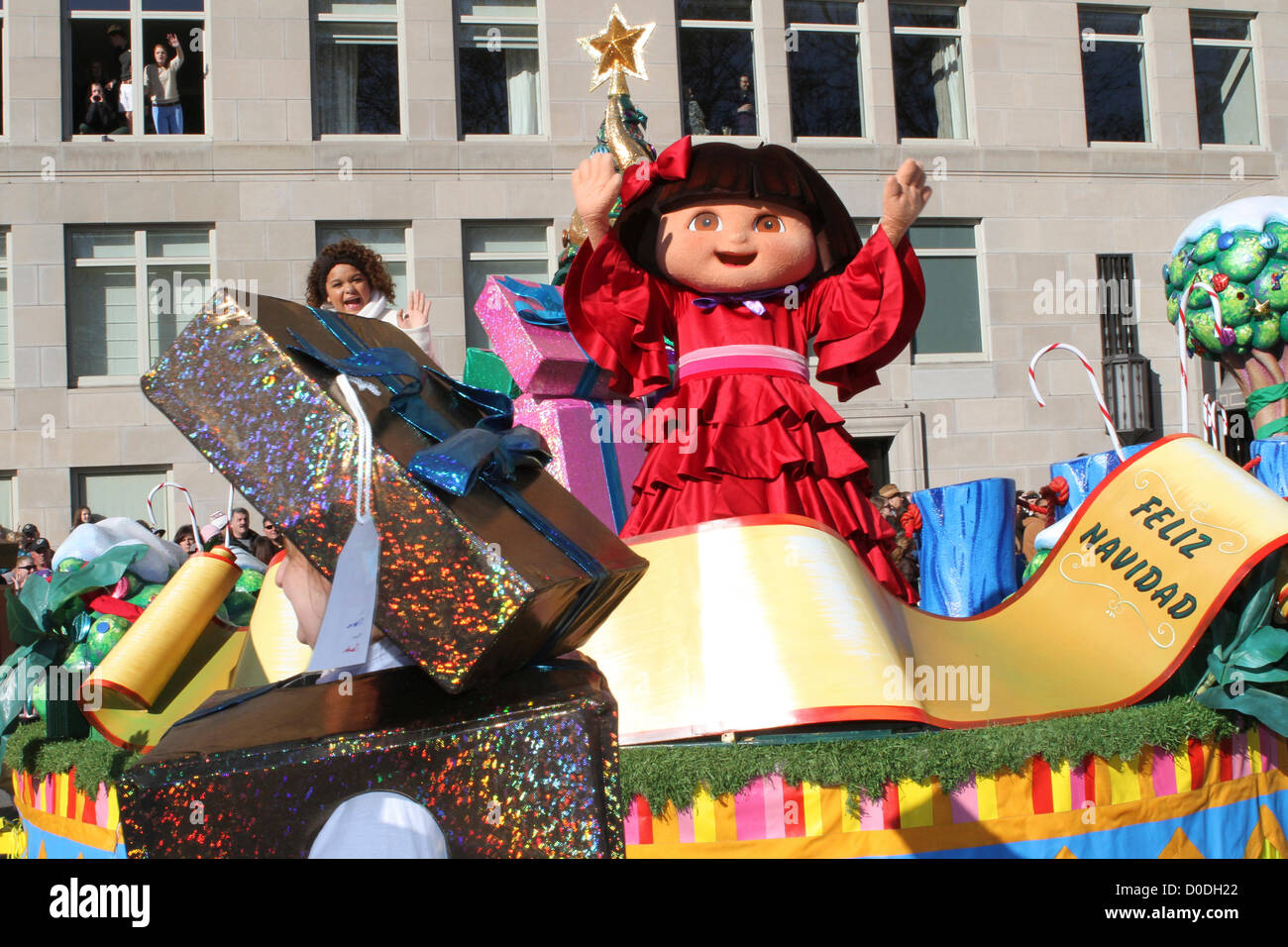 Dora's Christmas Carol Adventure float moves down Central Park West during Macy's Thanksgiving Day Parade in New York City, on Thursday, Nov. 22, 2012. Stock Photo