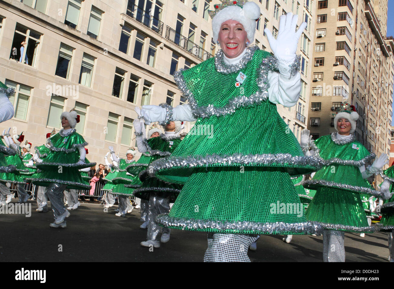 Dancing Christmas trees dance down Central Park West during Macy's Thanksgiving Day Parade in New York City, on Thursday, Nov. 22, 2012. Stock Photo