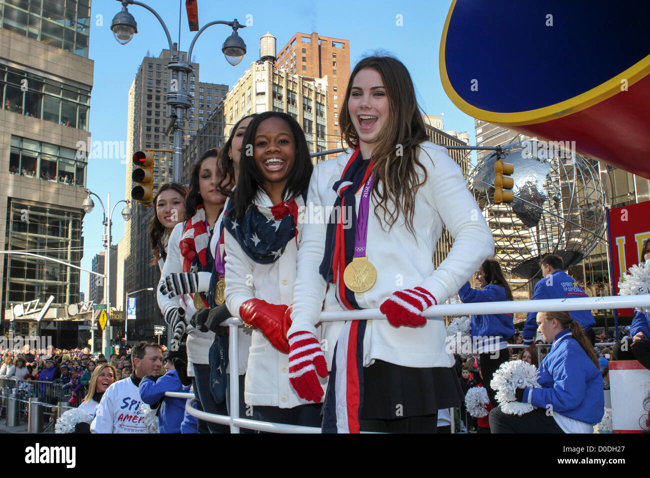 Women's Gold Medal Gymnastic team in Macy's Thanksgiving Day Parade in New York City, on Thursday, Nov. 22, 2012. Stock Photo