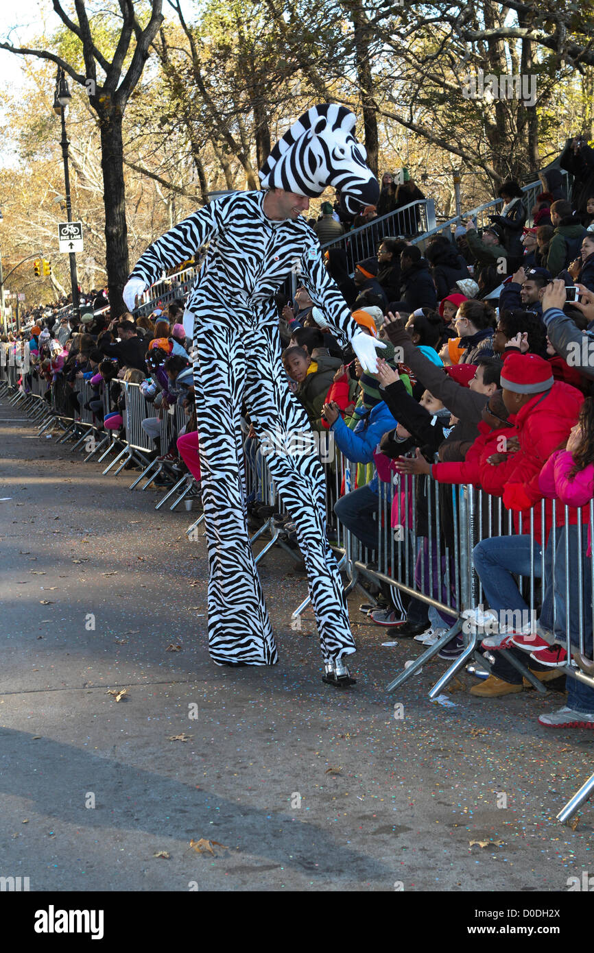 Stilt walker in zebra costumer greets spectators at Macy's Thanksgiving Day Parade in New York City, on Thursday, Nov. 22, 2012. Stock Photo
