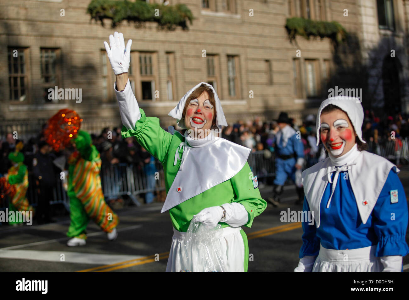 Clowns in pilgrim costumes n Macy's Thanksgiving Day Parade in New York City, on Thursday, Nov. 22, 2012. Stock Photo