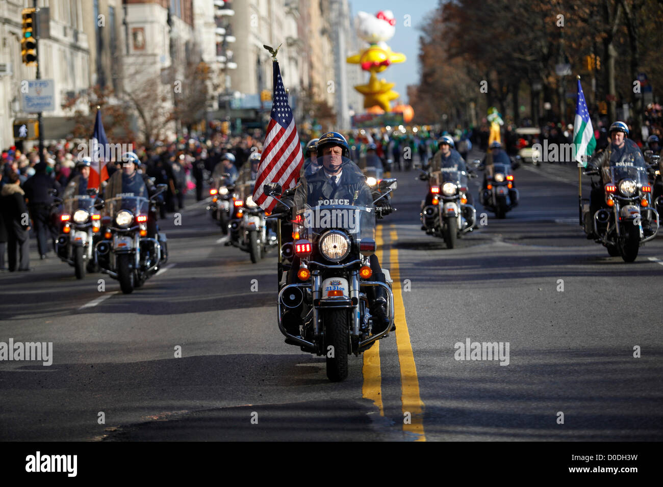 New York Police Department motorcycle officers lead Macy's Thanksgiving Day Parade in New York City, on Thursday, Nov. 22, 2012. Stock Photo