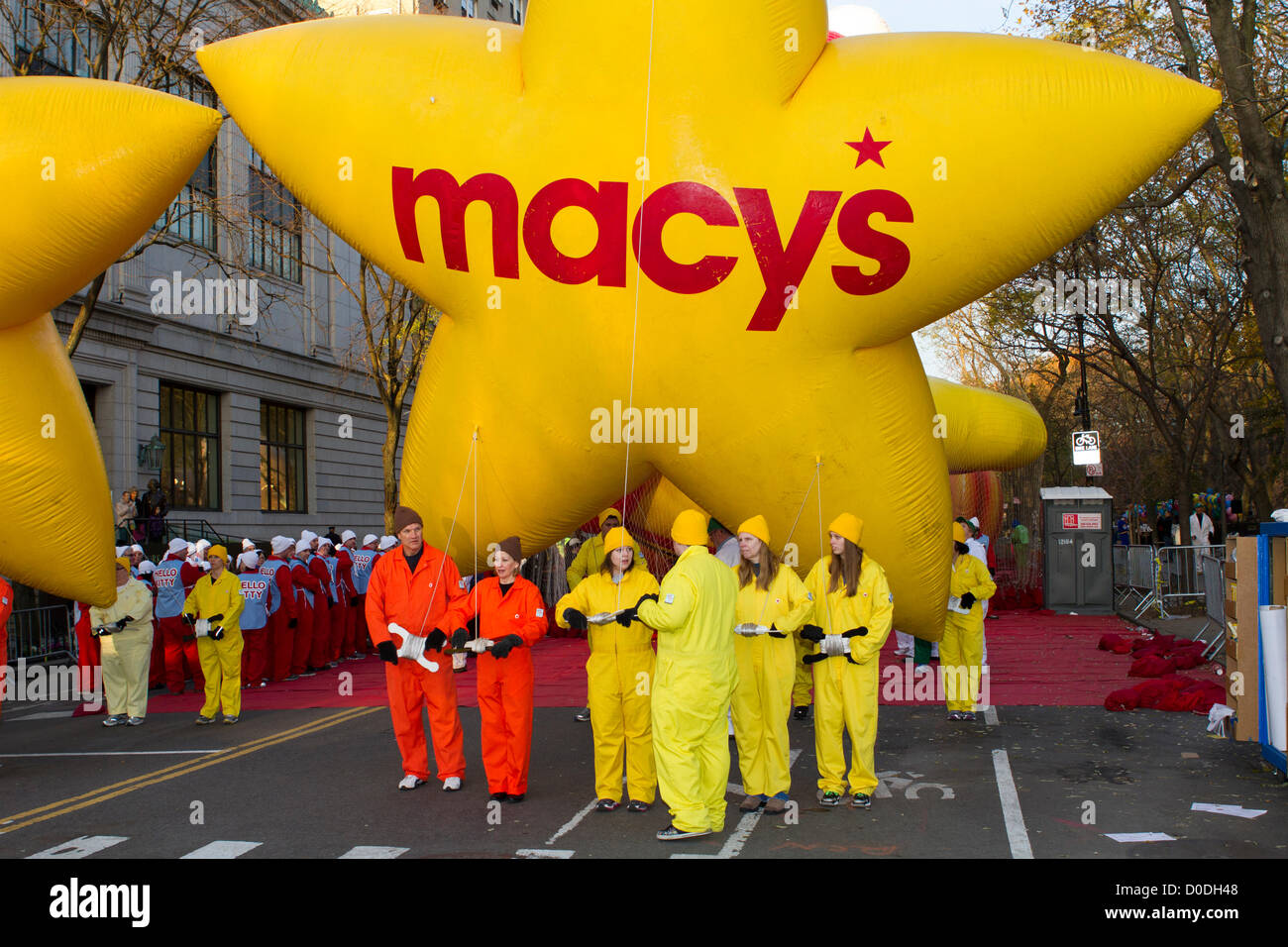 Balloon handlers await the start of the Macy's Thanksgiving Day Parade in New York City, on Thursday, Nov. 22, 2012. Stock Photo