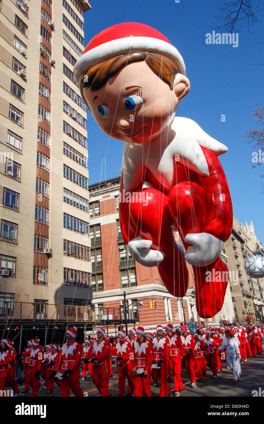 Elf on a Shelf balloon moves down Central Park West during Macy's Thanksgiving Day Parade in New York City, on Thursday, Nov. 22, 2012. Stock Photo