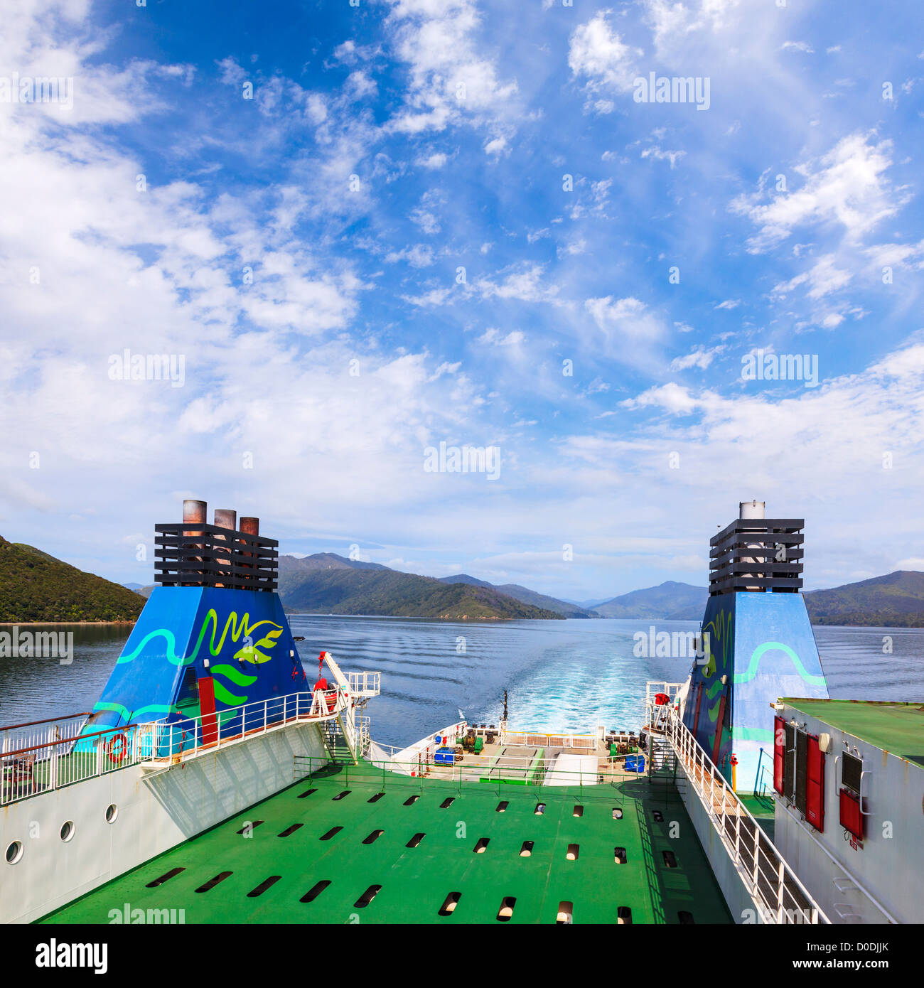 A view from the Interislander ferry Aratere as it sails out through the Marlborough Sounds, New Zealand. Stock Photo