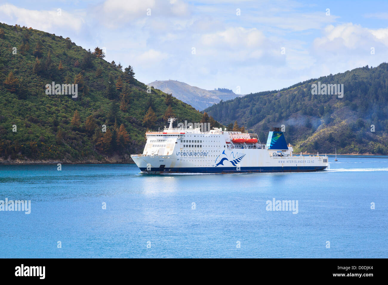 Interislander ferry Kaitaki sailing through the Marlborough Sounds towards Picton. Stock Photo