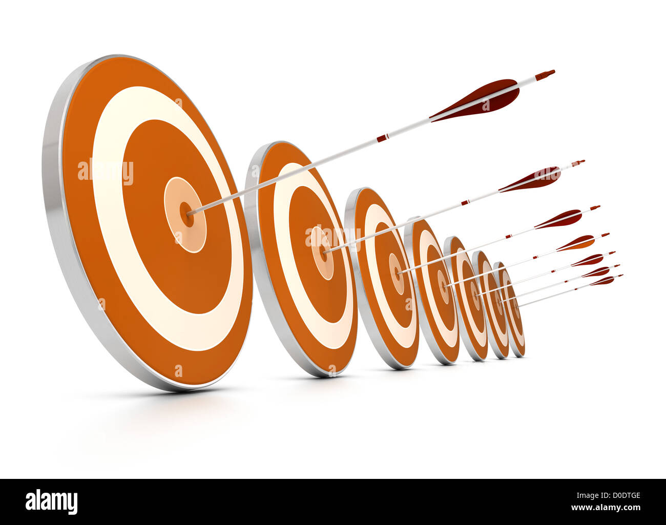 many orange targets in a row plus seven arrows, each arrows hit the center of one target, image over white background, Stock Photo