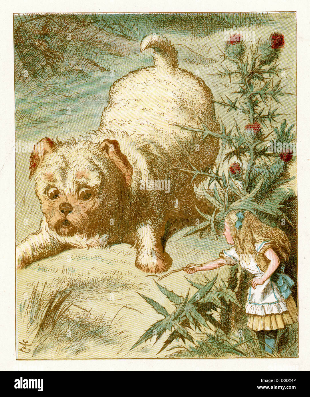 The dear little puppy, from the Lewis Carroll Story Alice in Wonderland, Illustration by Sir John Tenniel 1871 Stock Photo