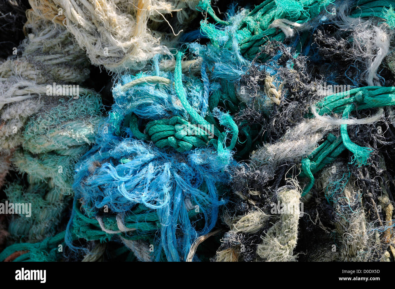 Plastic waste from fishing nets and ship's ropes tangled on the beach