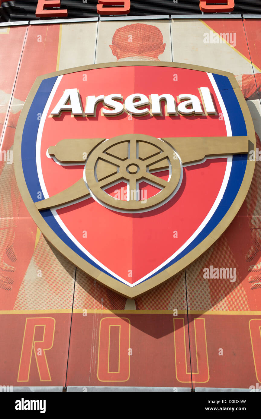 Large Arsenal Football Club crest on outside of Emirates Stadium Stock Photo