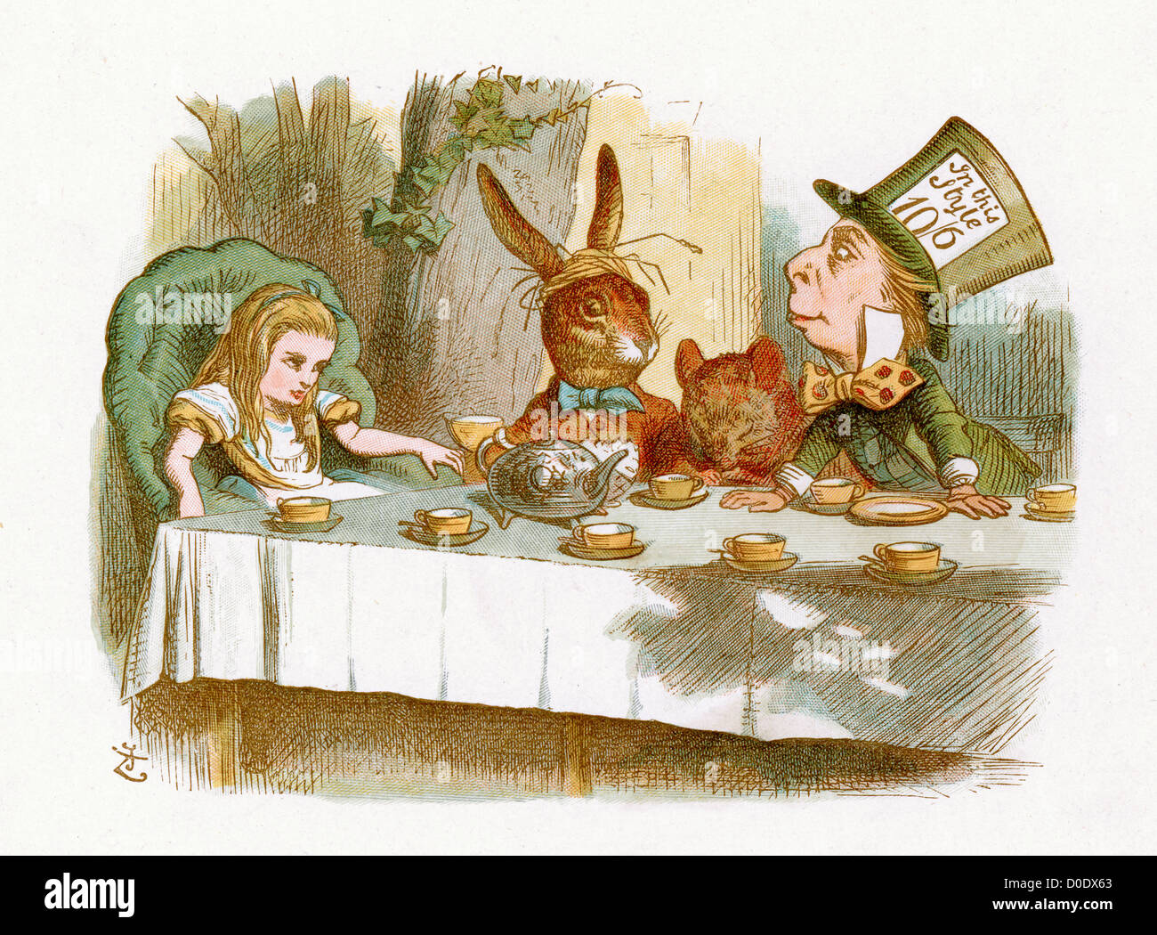 The Mad Hatter's Tea Party, from the Lewis Carroll Story Alice in Wonderland, Illustration by Sir John Tenniel 1871 Stock Photo