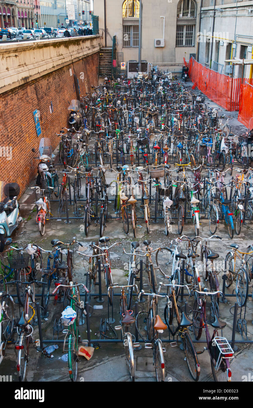Bicycles parked outside central railway station Bologna city Emilia-Romagna region northern Italy Europe Stock Photo