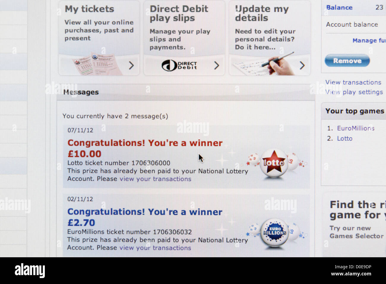 UK National Lottery website online account with congratulations your a winner messages for Lotto and Euromillions tickets Stock Photo