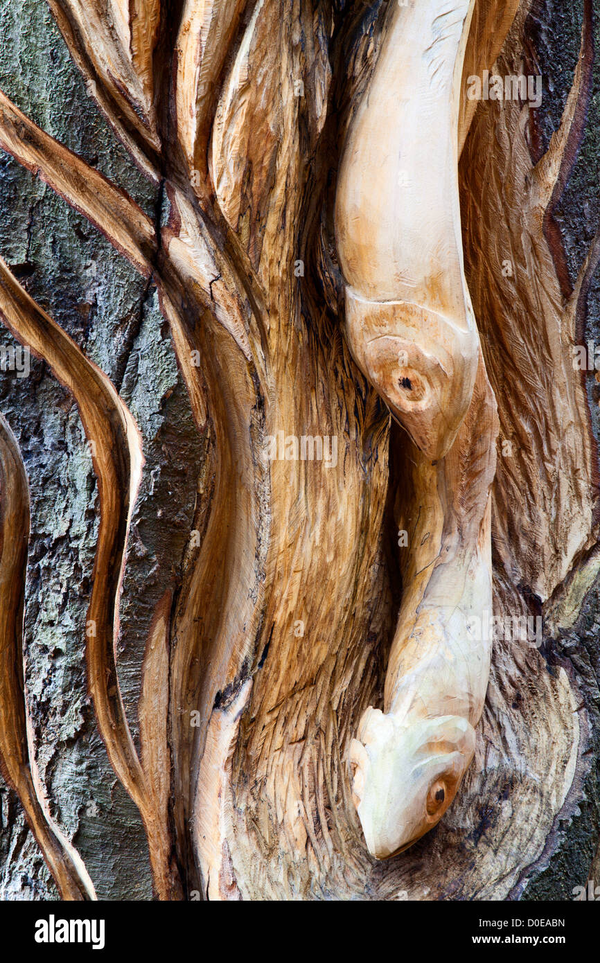 Detail of Kingfisher with Fish Wood Sculpture on Abbey Road Knaresborough North Yorkshire England Stock Photo