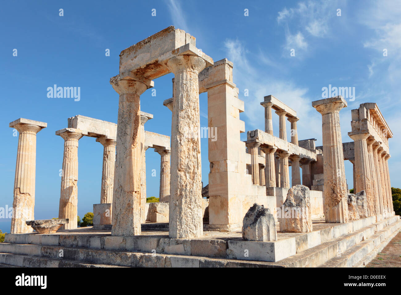 A view of the Doric temple of Aphaia on Aegina island in the Saronic Gulf, south of Athens. Stock Photo