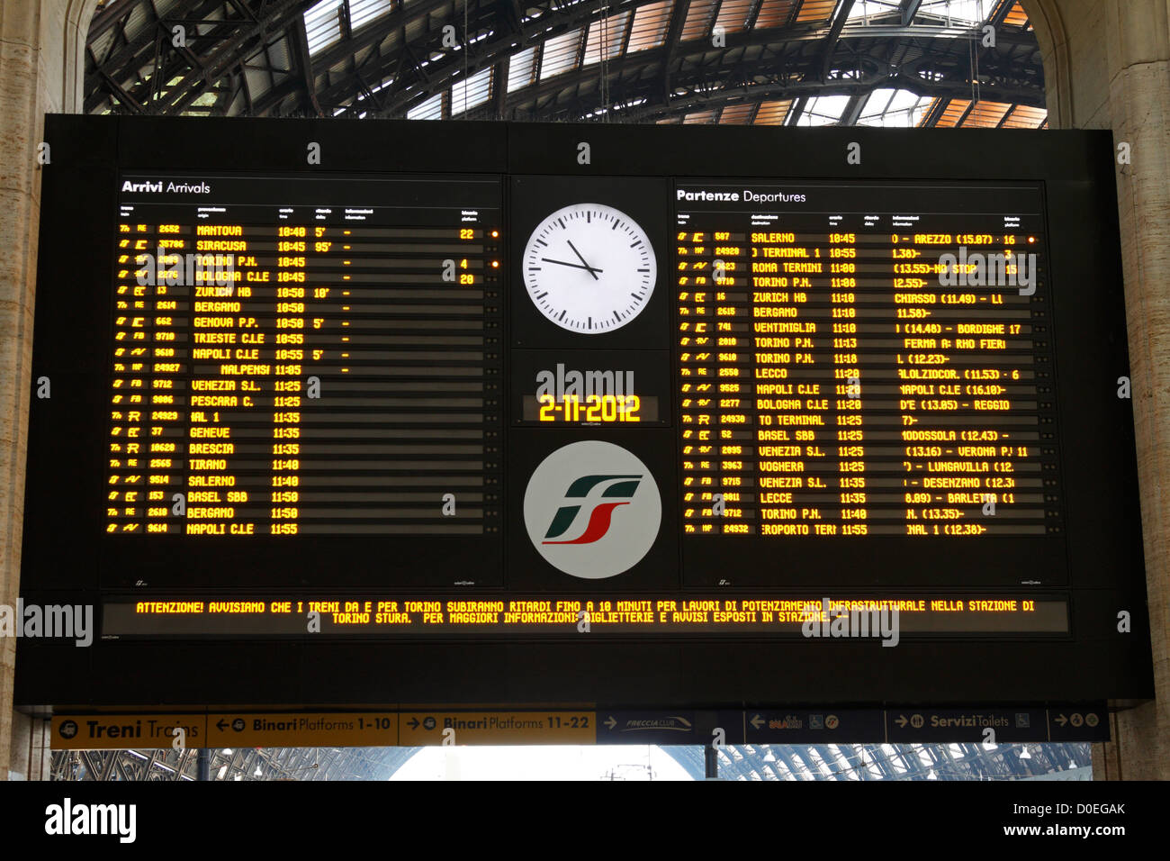 Milan Central Railway Station electronic departures and arrivals board, Italy, Europe, Stock Photo