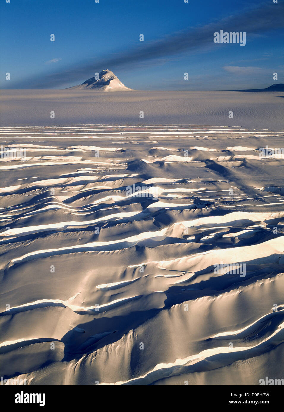 Aerial View of Crevasses in the Knik Glacier with Nunatak Stock Photo
