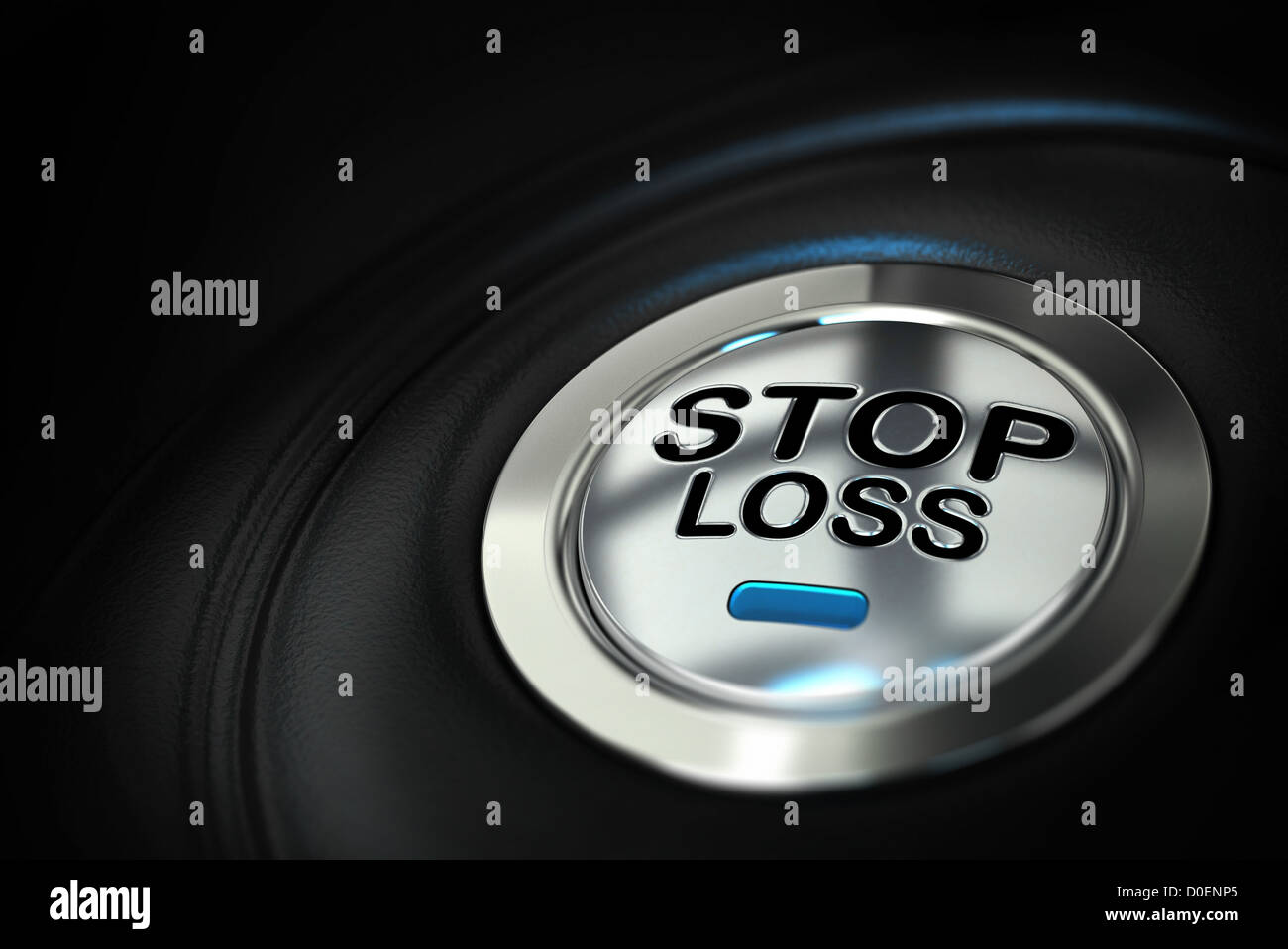 stop loss button with blue led over black background, finance concept Stock Photo