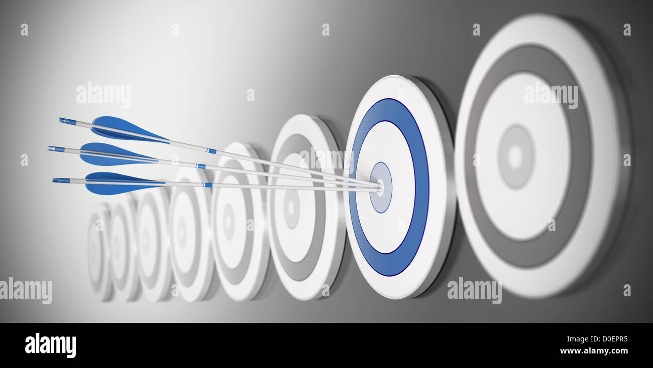 three arrows hitting the center of a blue target, there is many targets in a row with blur effect Stock Photo