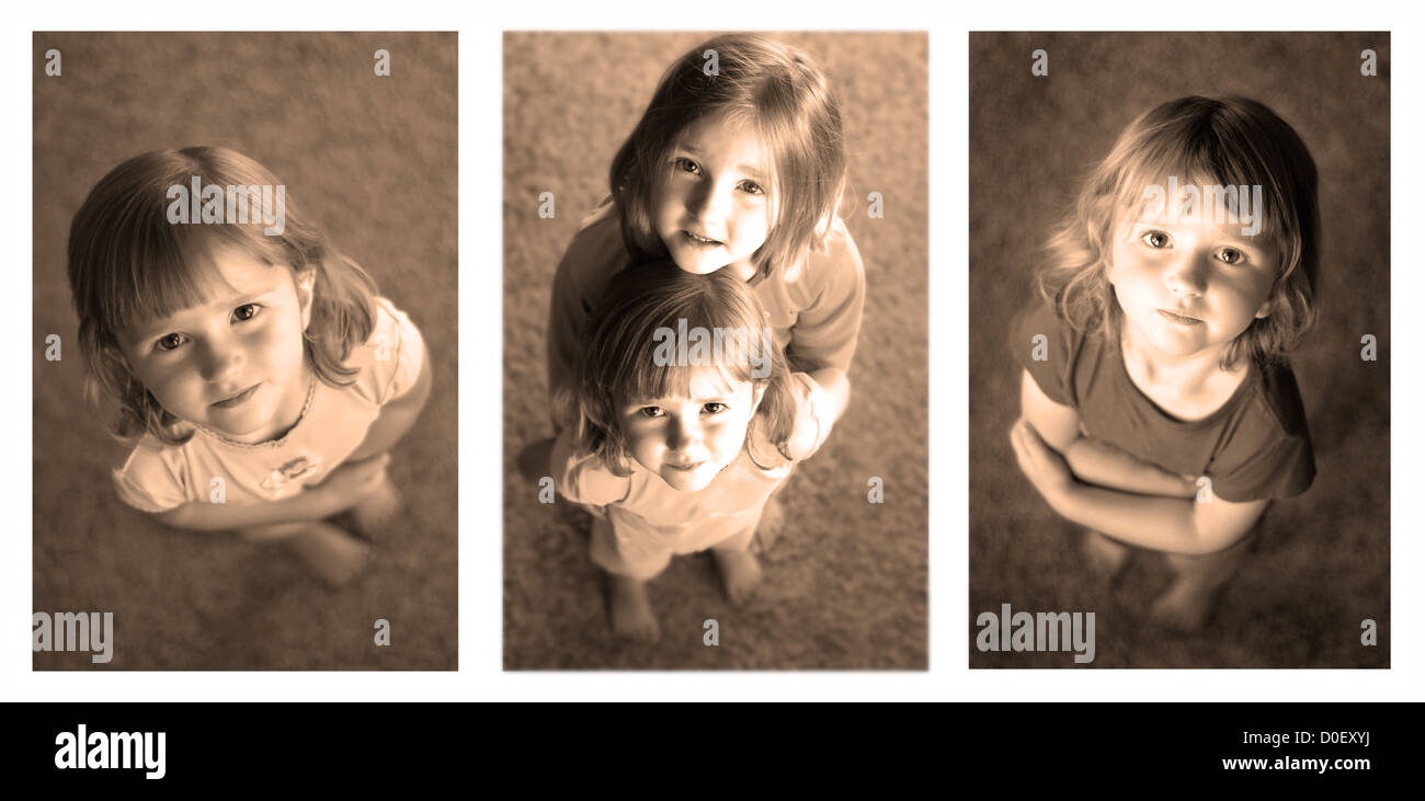 Sequence photographs of little girls looking up at camera Stock Photo