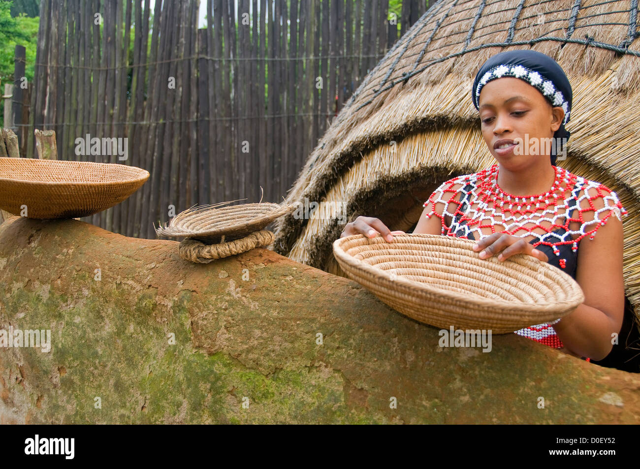 Visitors to Shakaland in KwaZulu Natal, South Africa should enjoy the interesting village and residents explaining their culture Stock Photo