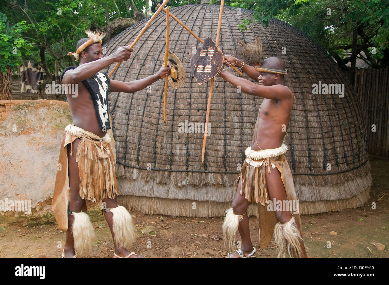 Visitors to Shakaland in KwaZulu Natal, South Africa should enjoy the interesting village and residents explaining their culture Stock Photo