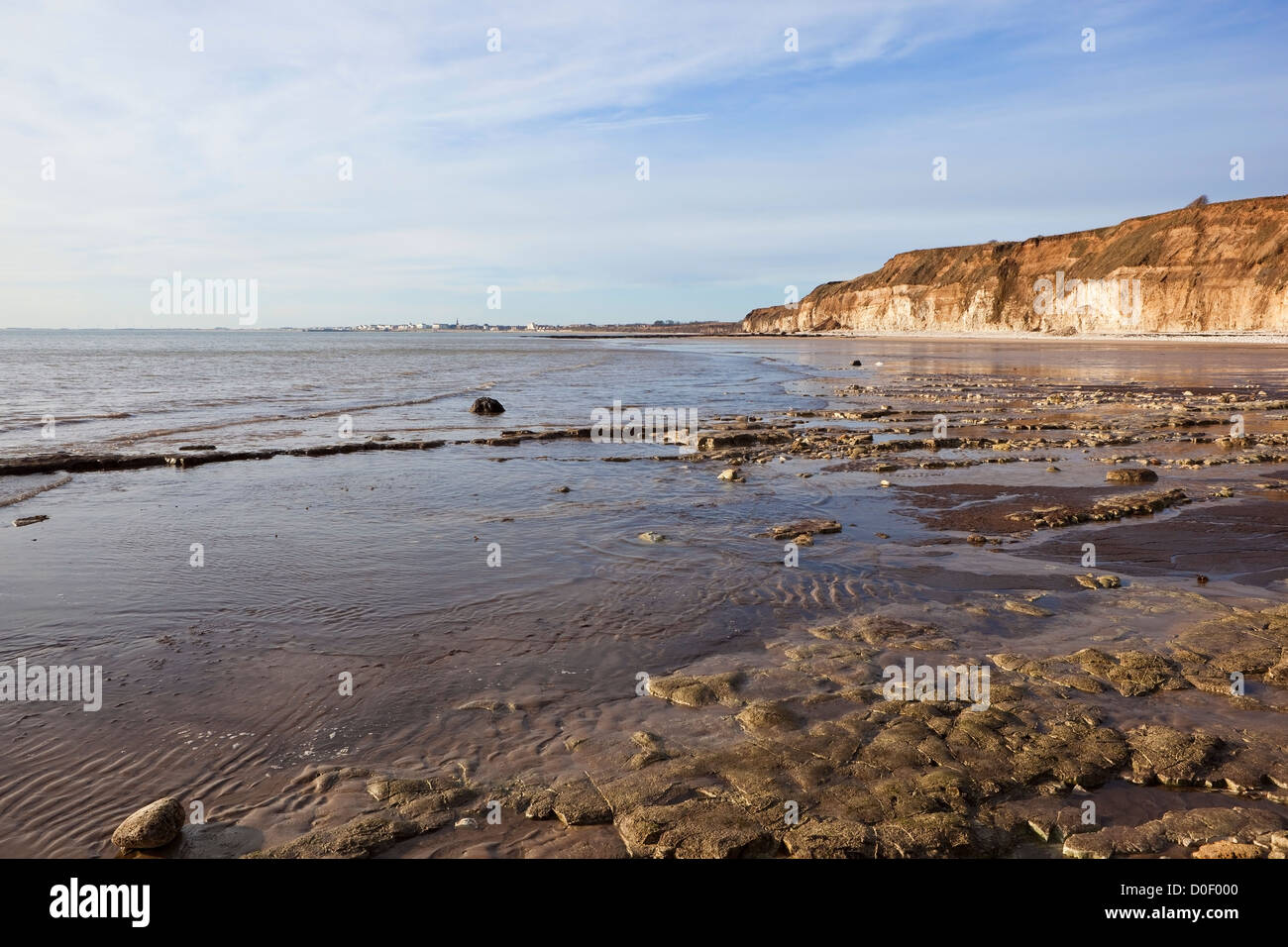A winter landscape with a view along Yorkshire's east coast from Danes dyke, South towards Bridlington Stock Photo
