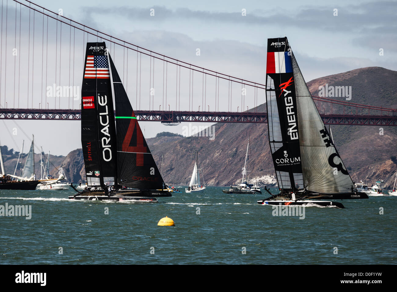 Team Oracle USA and French Team Energy racing in Louis Vuitton Cup part of the America's Cup World Series San Francisco Stock Photo