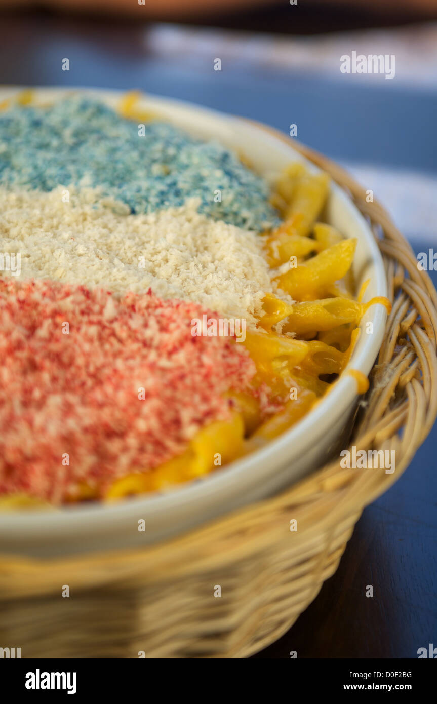 Red, white and blue macaroni and cheese. This is a Patriotic Dish special for the Fourth of July (July 4), American Independence Stock Photo