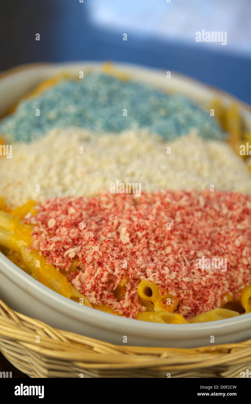 Red, white and blue macaroni and cheese. This is a Patriotic Dish special for the Fourth of July (July 4), American Independence Stock Photo