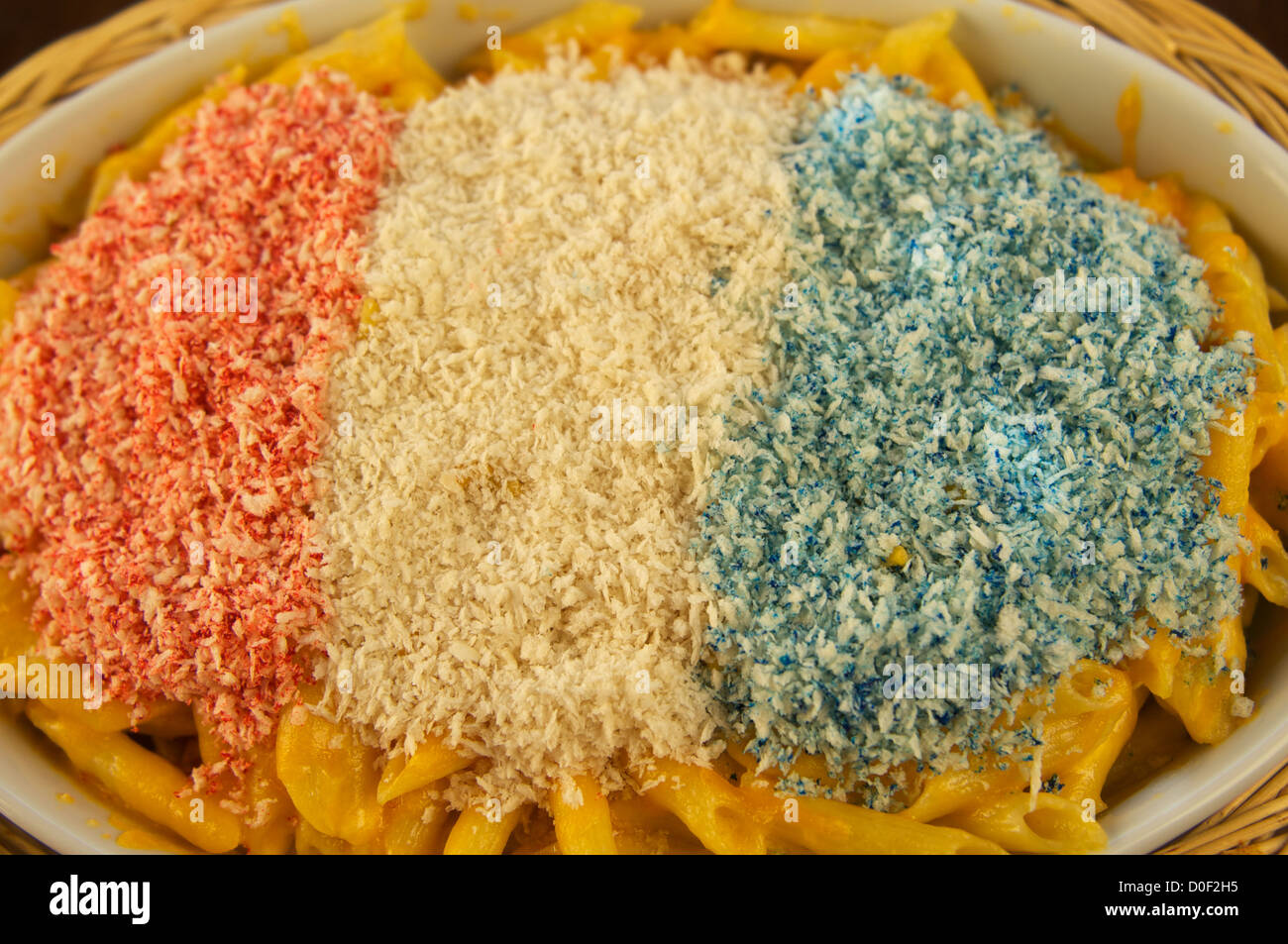 Red, white and blue macaroni and cheese. This is a Patriotic Dish special for the Fourth of July (July 4), American Independence Stock Photo