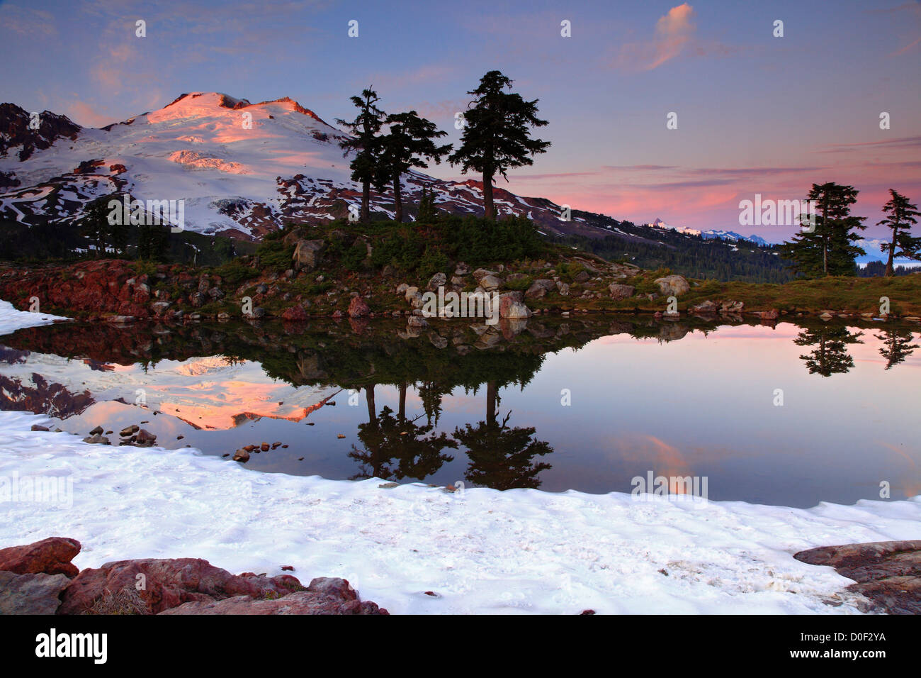 Sunset on Mount Baker reflected in a tarn from Park Butte in Mount ...