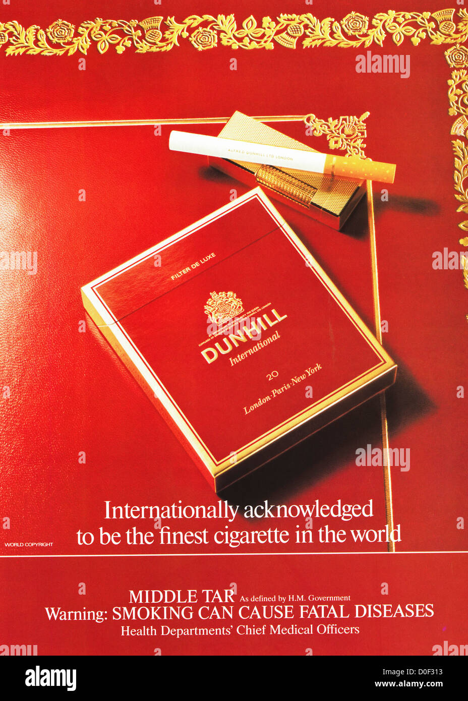 Original 1980s print advertisement from English consumer magazine advertising Dunhill cigarettes with health warning Stock Photo