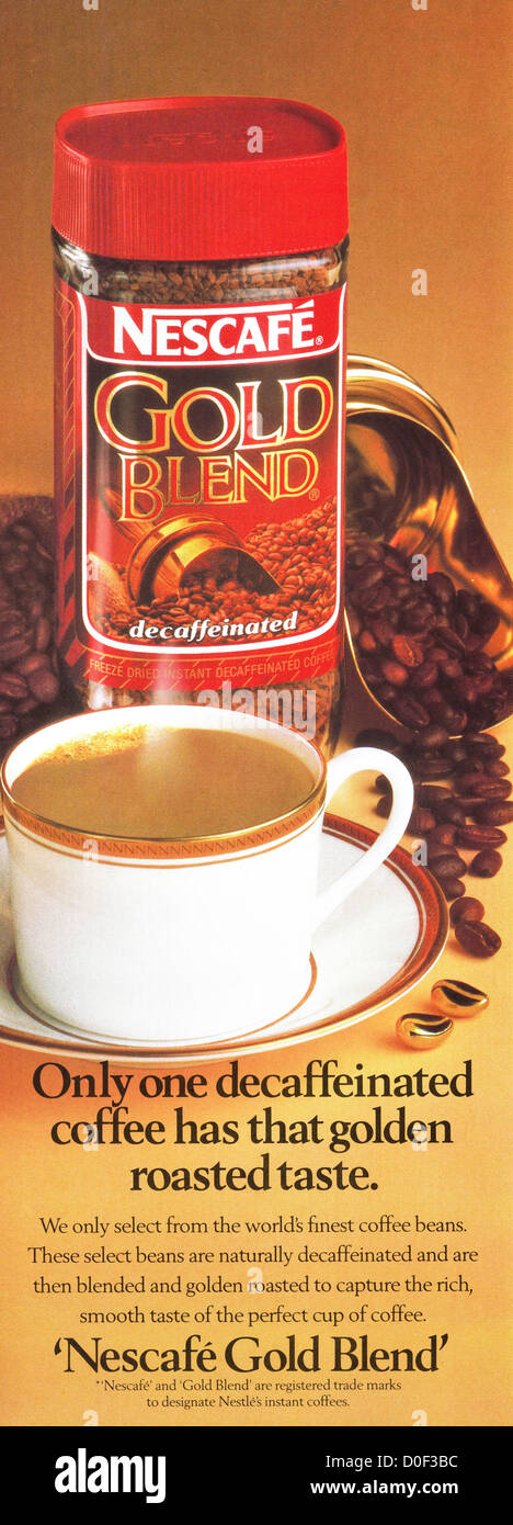 Original 1980s print advertisement from English consumer magazine advertising Nescafe Gold Blend decaffeinated coffee Stock Photo