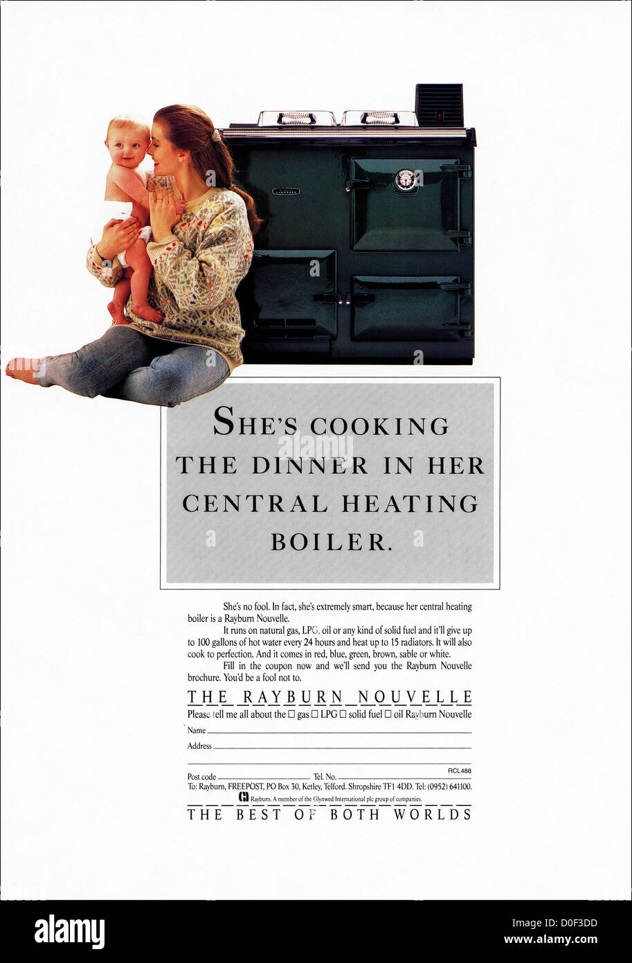 Original 1980s print advertisement from English consumer magazine advertising Rayburn cooker and central heating boiler Stock Photo