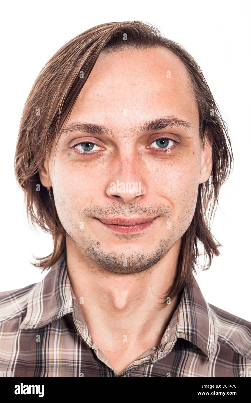 Portrait of weirdo man, isolated on white background. Stock Photo