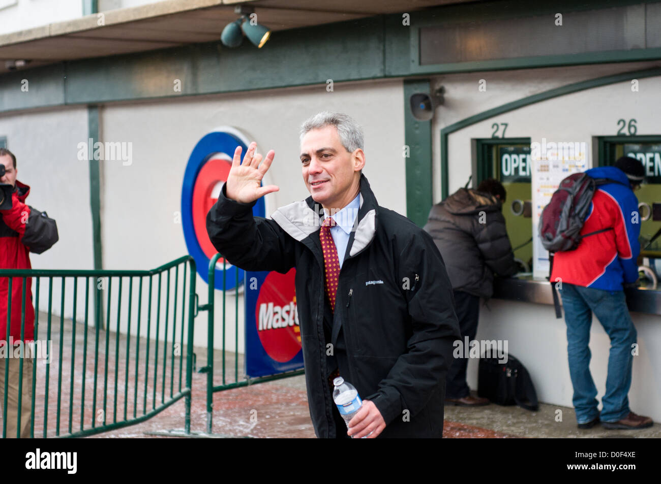 Mayor Rahm Emanuel walking outside Wrigley Field in Chicago, Illinois. MAX HERMAN/ALAMY Stock Photo
