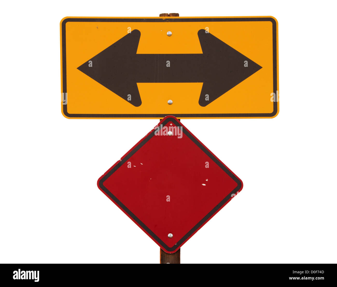 yellow and black two way arrow road sign with red warning marker Stock Photo