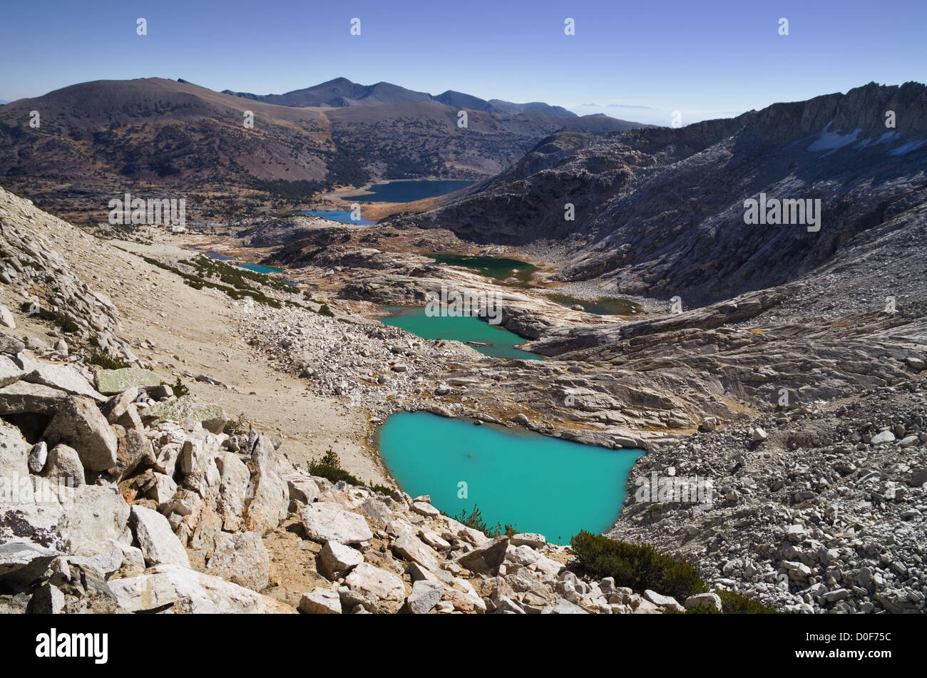 alpine lakes below Mount Conness with milky blue glacial coloring Stock Photo