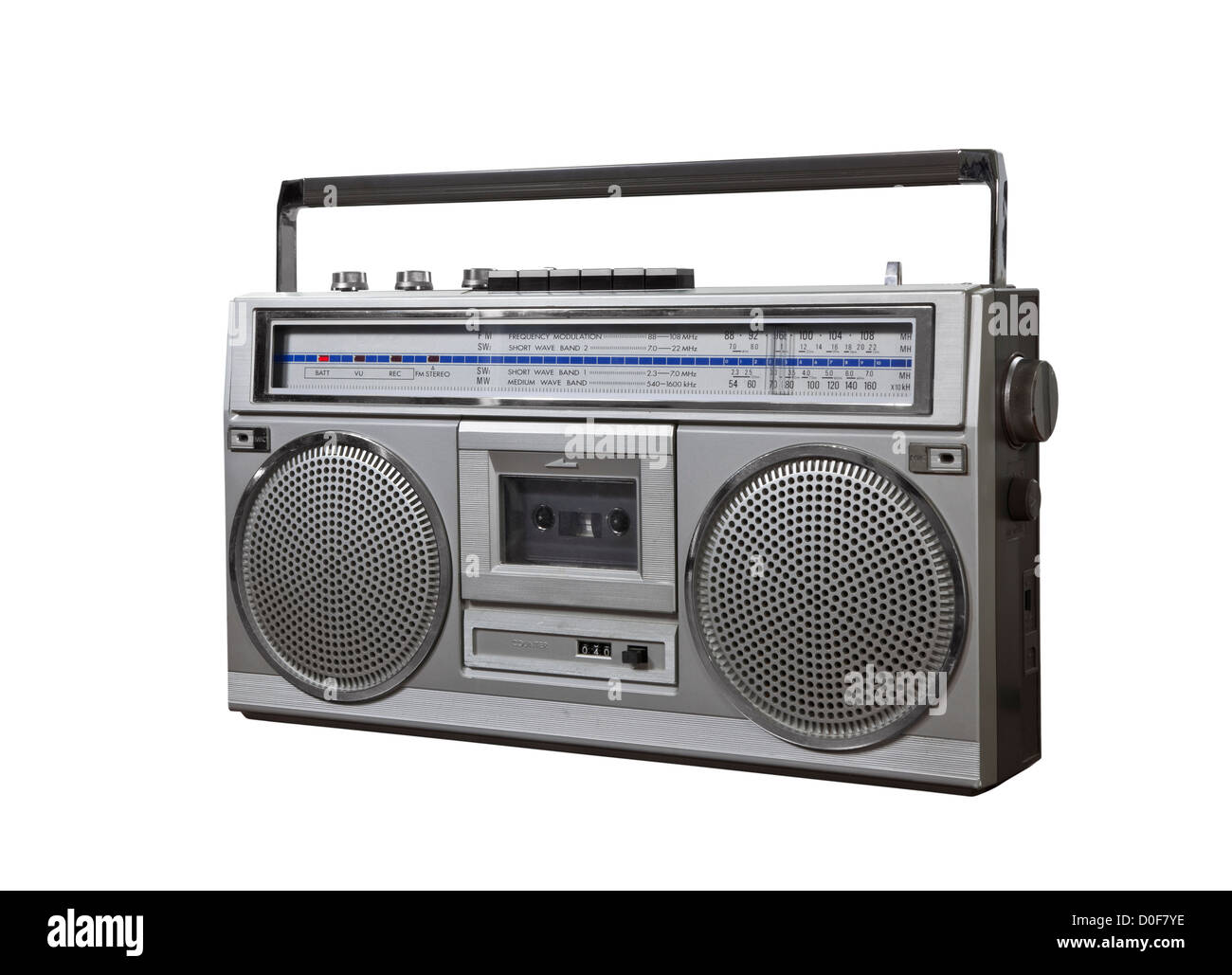 Vintage bom box portable stereo isolated with clipping path. Stock Photo