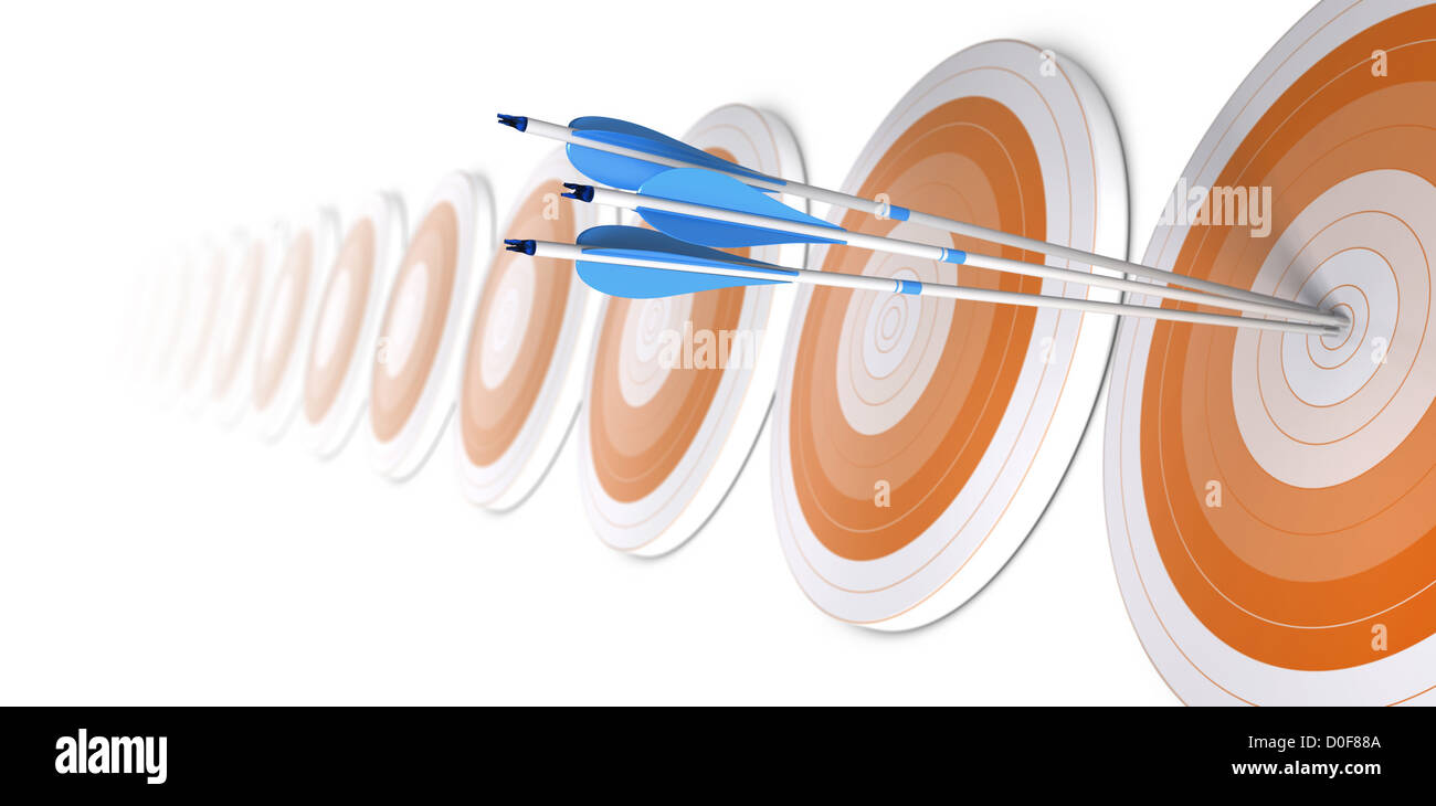 Many orange targets in a row, three blue arrows hits the first one in the center, white background Stock Photo