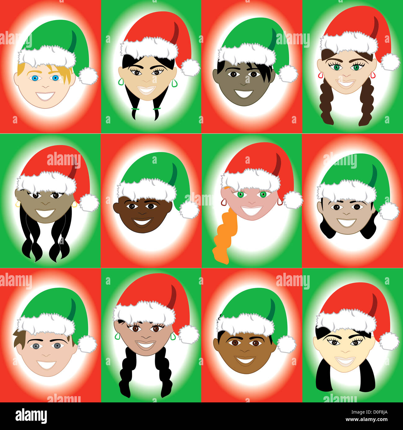 Illustration of 12 kids of different ethnic backgrounds for the Holidays. Stock Photo