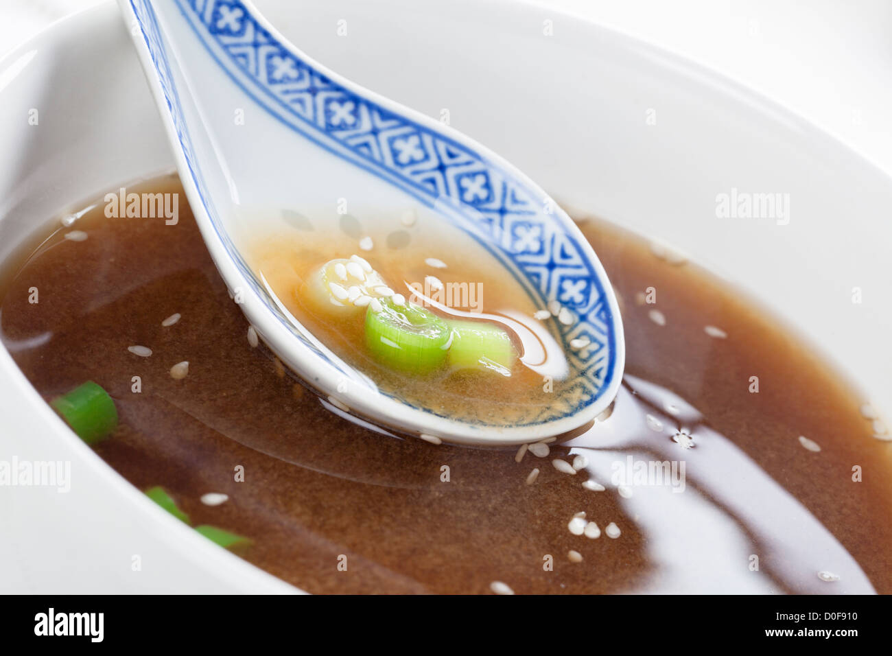 Fresh miso soup with green onions and sesame seeds. Stock Photo