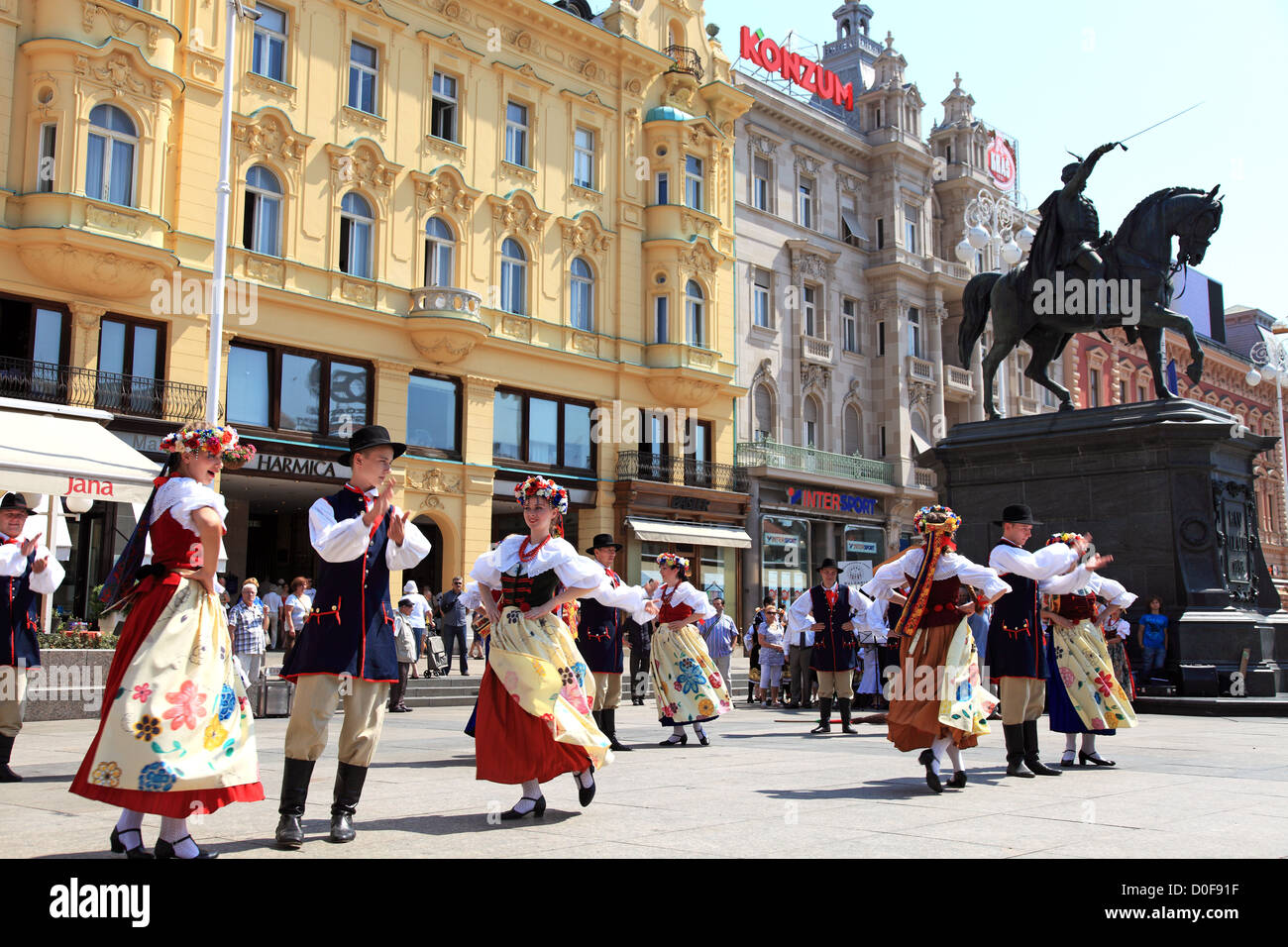 Polish folk dance at Ban Jelacic square, old town, Zagreb Croatia Stock