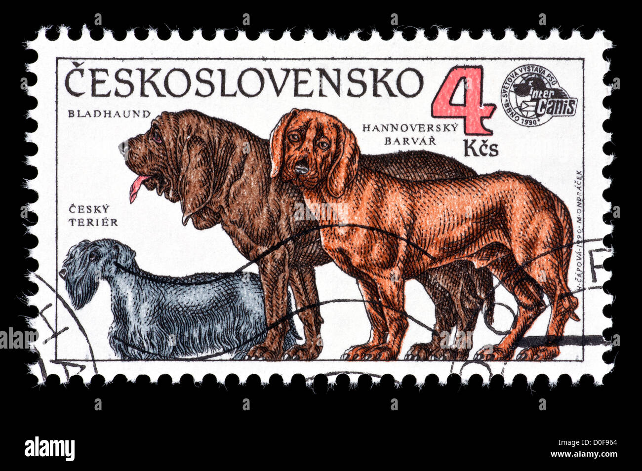 Postage stamp from Czechoslovakia depicting various dogs. Stock Photo