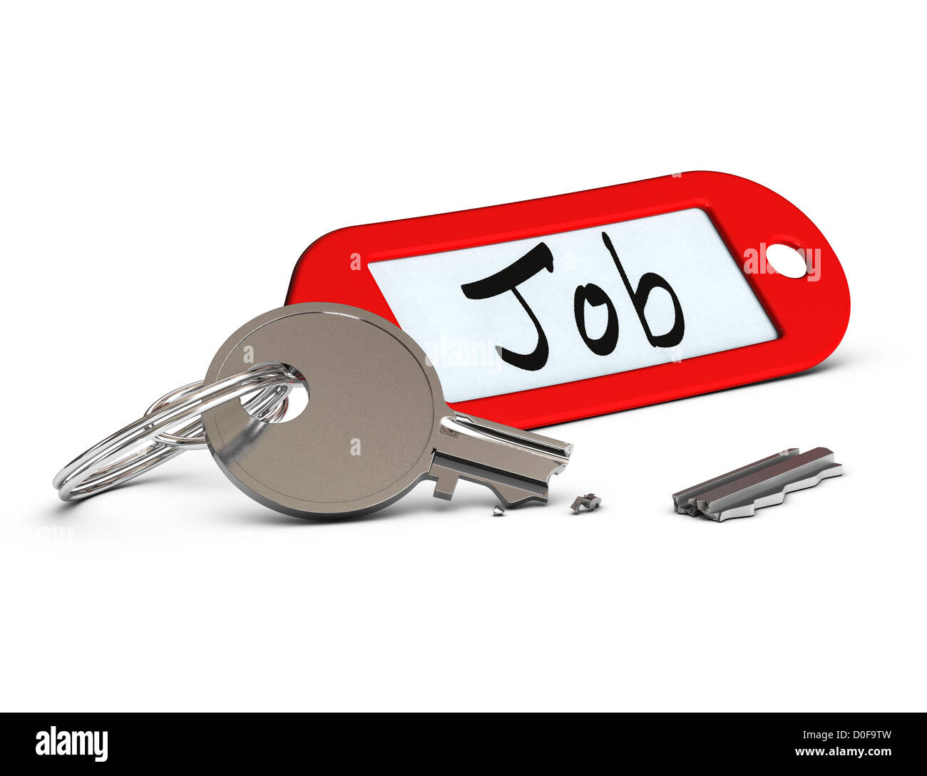 broken key and key ring with a red label where it's written the word job,  over white background Stock Photo - Alamy